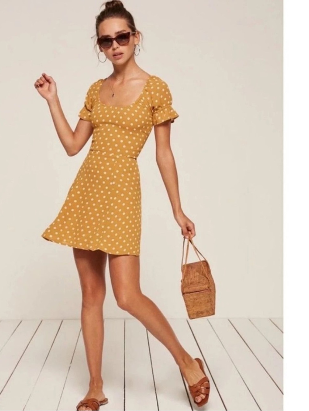 Reformation Mustard Yellow Polka Dot Mini Dress